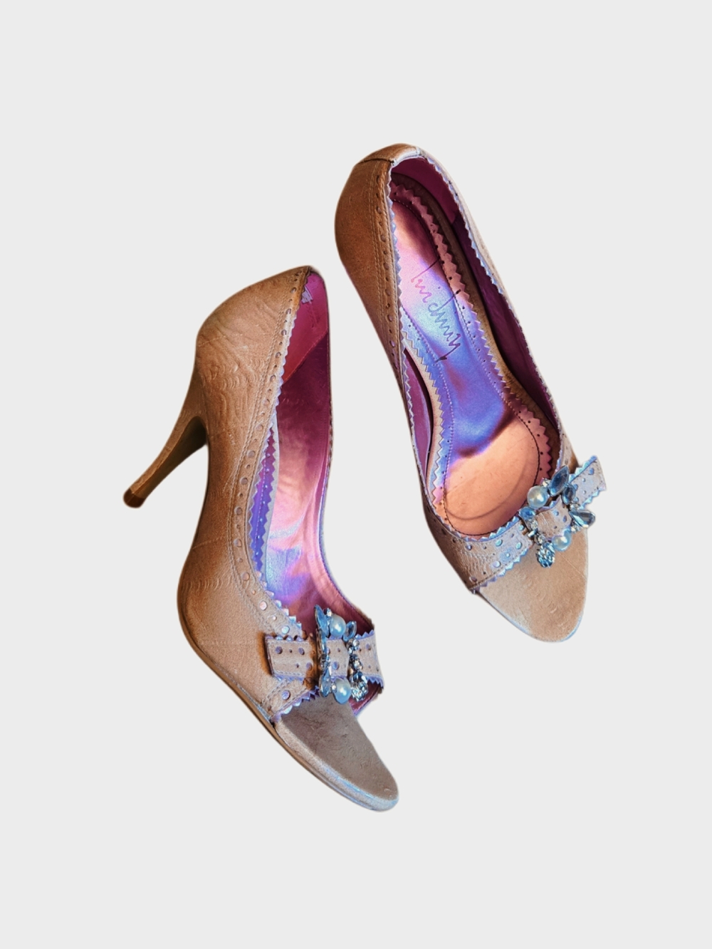 Y2k Brazilian Taupe Embellished Peep-Toe Heels!